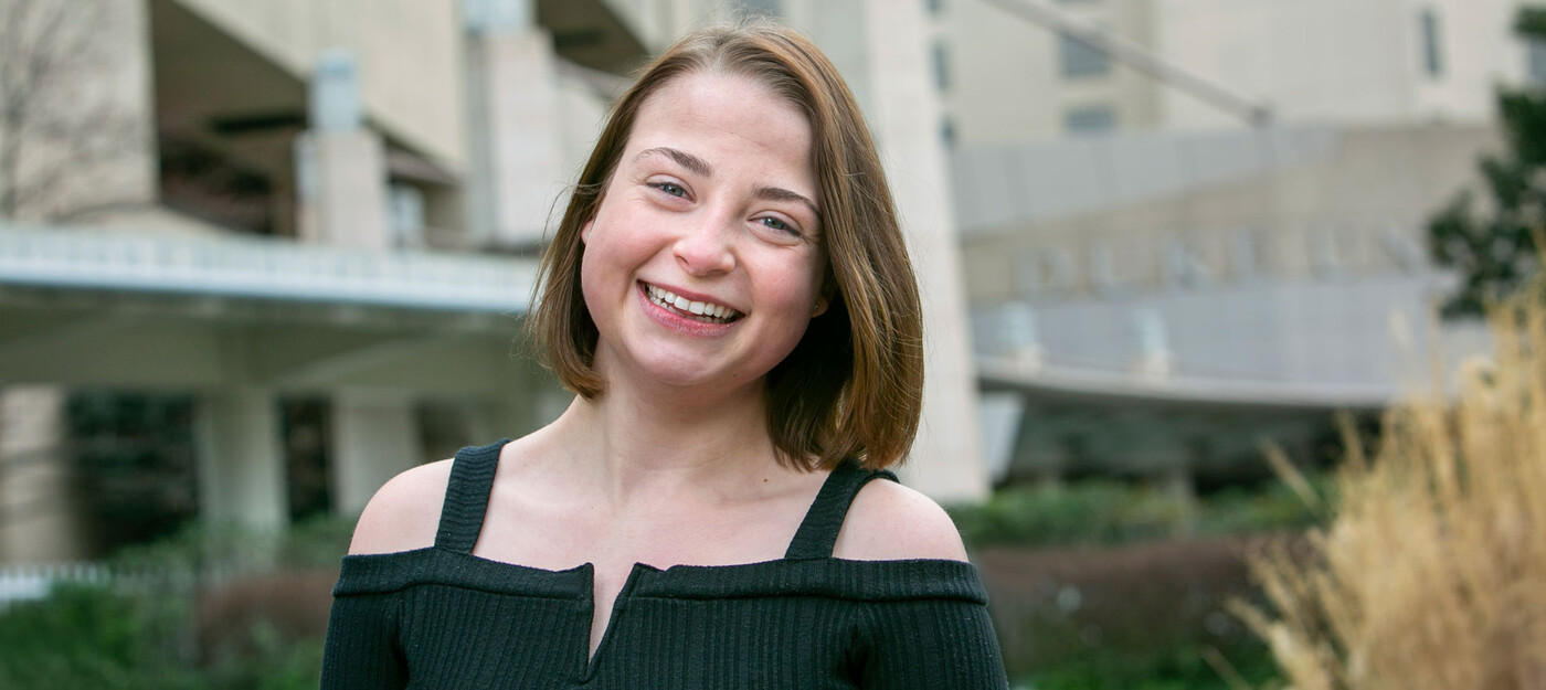 Josie Dunnigan smiles outside of Duke University Hospital. 