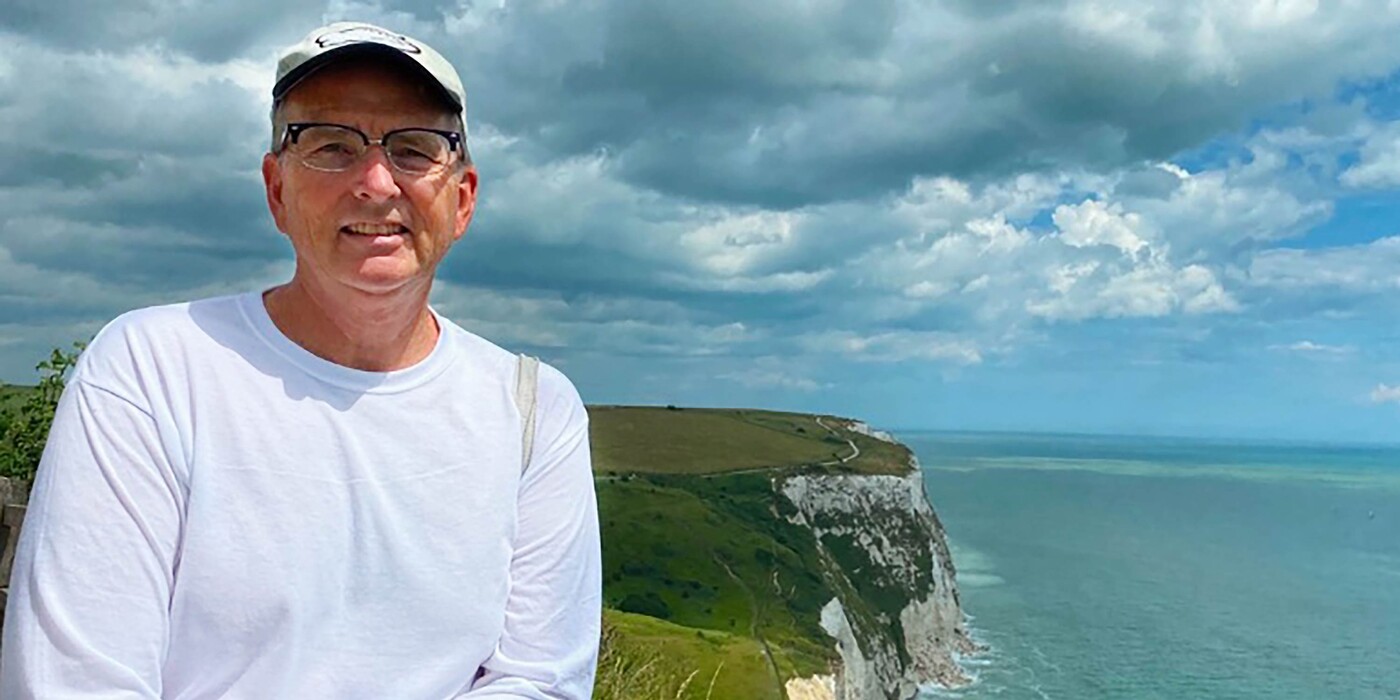 Mitchell Doub smiles at the White Cliffs of Dover in England