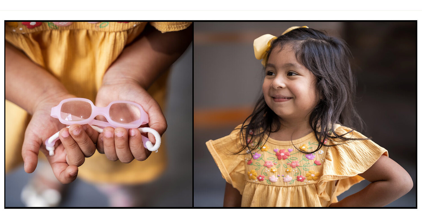 Left, Emilia holds the glasses she wore as a baby. Right, Emilia smiles and looks off camera