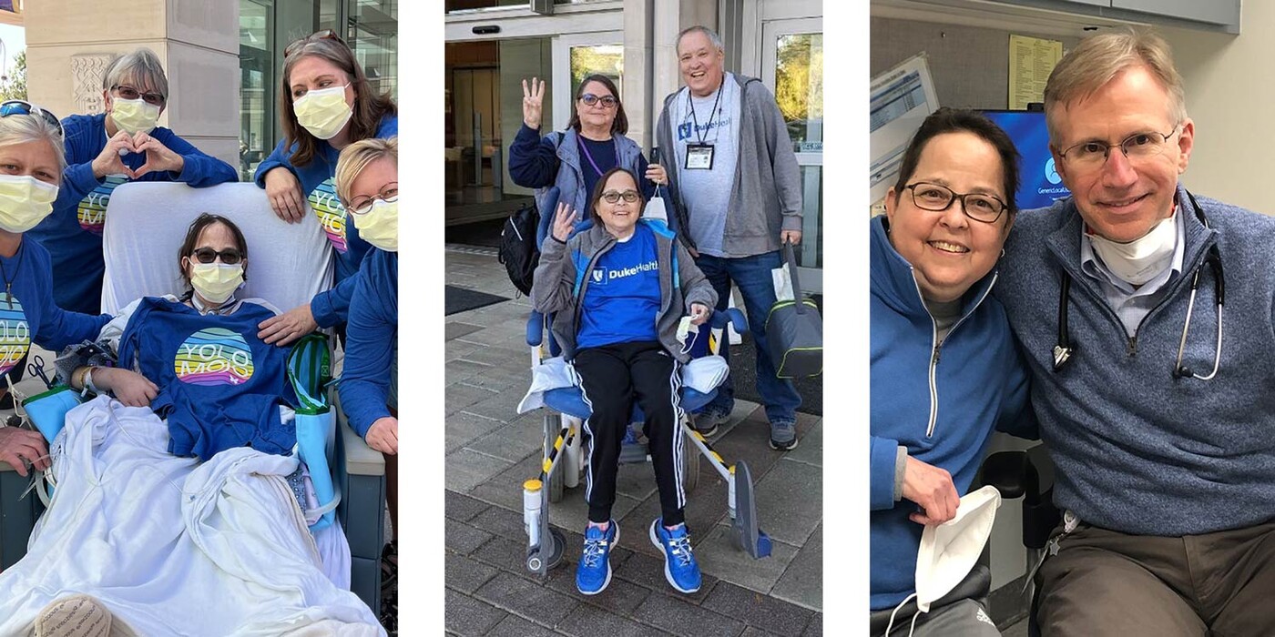 From left, Jen in a hospital bed surrounded by friends, Mary leaving the hospital with two friends, Mary and her doctor