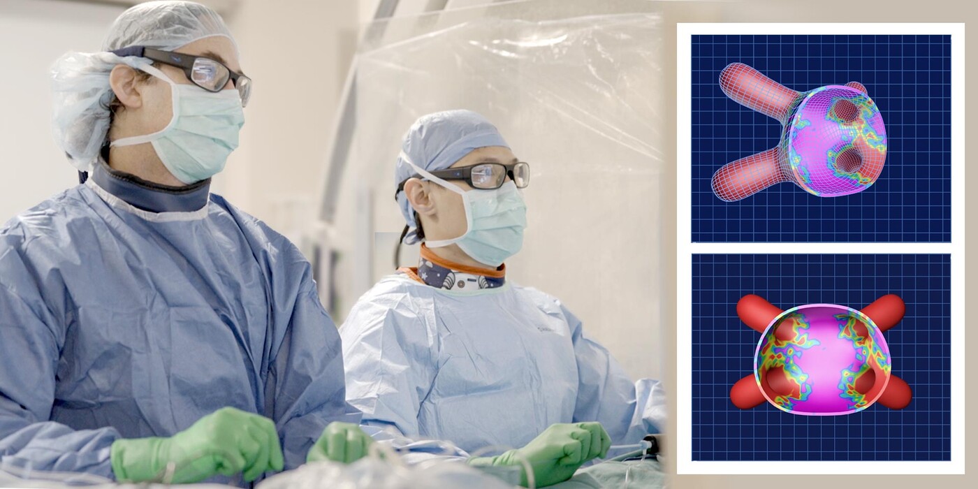 Two doctors operate in an OR to the left, an illustration of the heart on the right