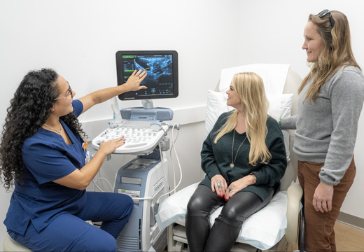 A medical provider goes over an ultrasound with a lesbian couple